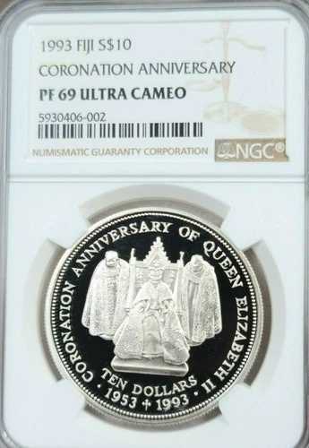 1993年 フィジー 銀貨 10ドル 戴冠式記念 NGC PF 69 超希少 カメオ