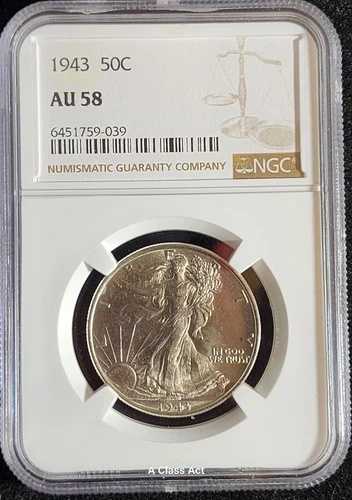 1943-P NGC AU58 | シルバー ウォーキング リバティ ハーフ ドル - 50セント 米国コイン ホワイト。T5545