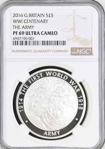 2016年 5ポンド銀貨 プルーフ 陸軍 第一次世界大戦100周年記念 NGC PF69 5ポンド ブリテン