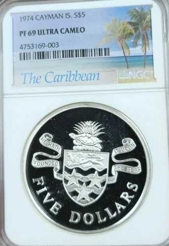 1974年 ケイマン諸島 5ドル銀貨 NGC PF 69 ウルトラカメオ 美しいコイン 56,100円