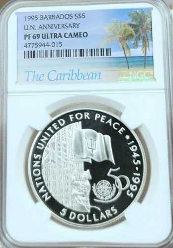 1995年 バルバドス 5ドル銀貨 国連記念 NGC PF 69 ウルトラカメオ