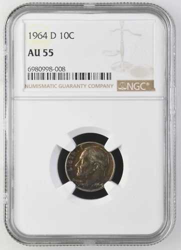 1964年 Dダイムズ ルーズベルト NGC AU-55 レインボートーニング