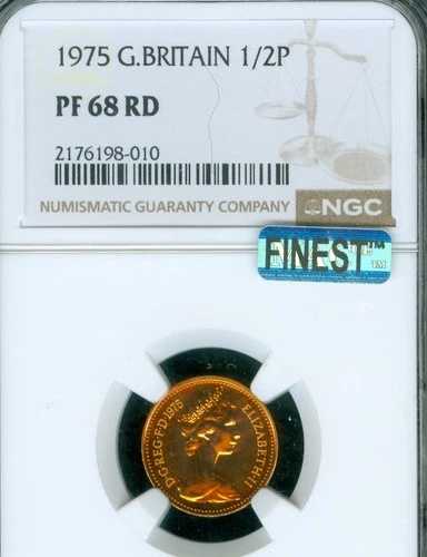 1975 年英国ハーフペニー NGC PF68 RD MAC 最高級グレード & スポットレス POP-3。