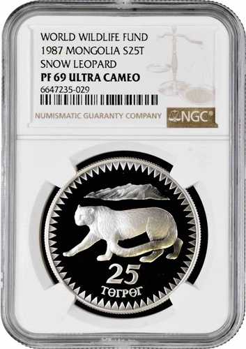 モンゴル 25トゥグルグ 1987年 NGC PF69 UC、「世界自然保護基金 - ユキヒョウ」