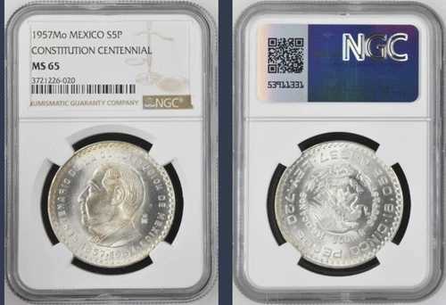 1957-Mo メキシコ シルバー 5 ペソ コイン NGC MS65 憲法 100 周年記念!