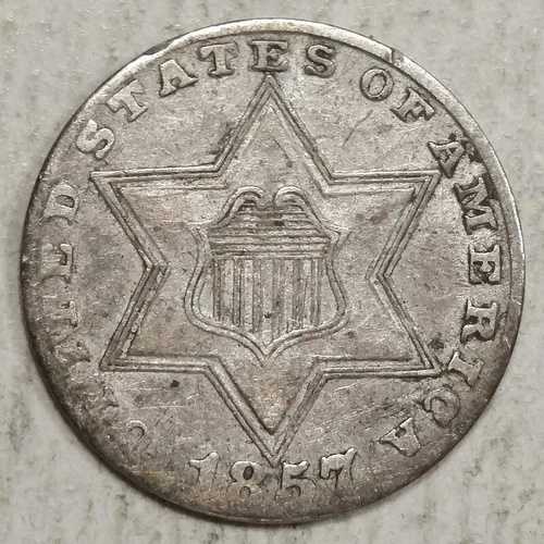 1857年 3セント銀貨、タイプ2、非常に良好な状態+、汚れのあるオリジナルコイン 0113-01
