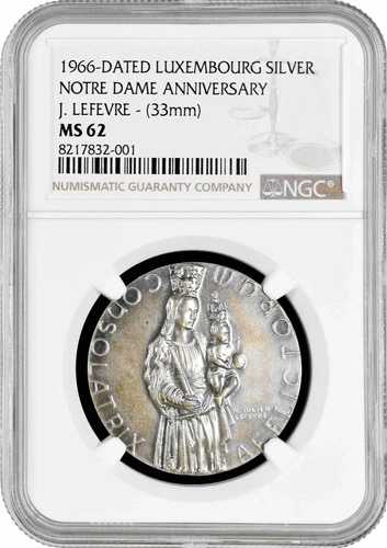 ルクセンブルク 1966 年銀メダル、NGC MS62、「ノートルダム記念」