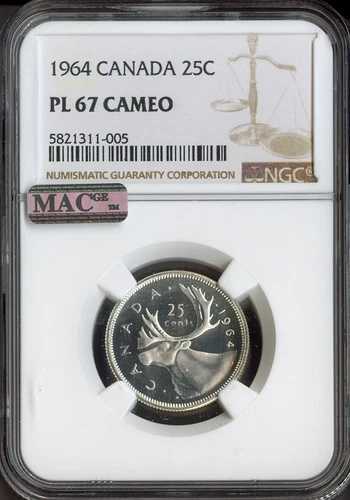 1964年カナダ25セント銀貨25C NGC PL67 カメオ MAC品質