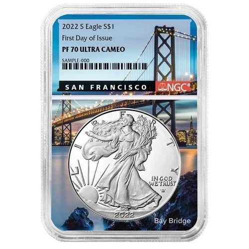 2022-S $1 1オンス プルーフ アメリカン シルバー イーグル NGC PF70UC FDI ベイブリッジ ラベル ベイ