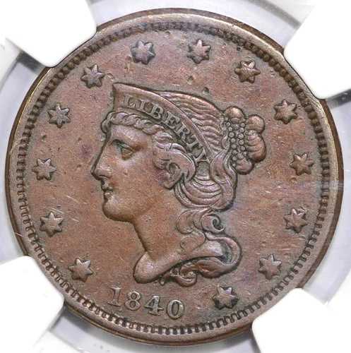 1840年 1セント N-3 スモール 日付 編み込みヘア ラージセント NGC XF 詳細破損あり