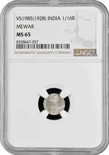 インド 1/16ルピー BS 1985 (1928)、NGC MS65、「メーワール藩王国 (1858-1949)」