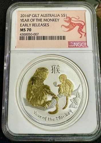 申年 旧暦 2016年 オーストラリア 金箔 1ドル銀貨 MS 70 ER