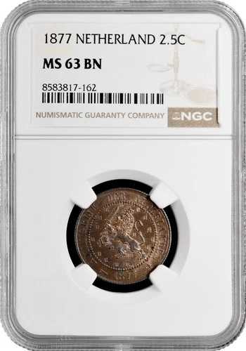 オランダ 2.5セント 1877年、NGC MS63 BN、「ウィリアム3世（1849 - 1890）」 49,500円
