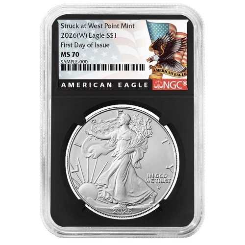 プレセール - 2026年 (W) $1 アメリカン シルバー イーグル NGC MS70 FDI ブラック ラベル レトロ コア