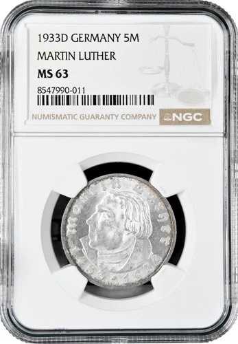 ドイツ - 第三帝国 5 ライヒスマルク 1933 D、NGC MS63、「マルティン・ルター」-