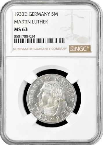 ドイツ - 第三帝国 5 ライヒスマルク 1933 D、NGC MS63、「マルティン・ルター」-