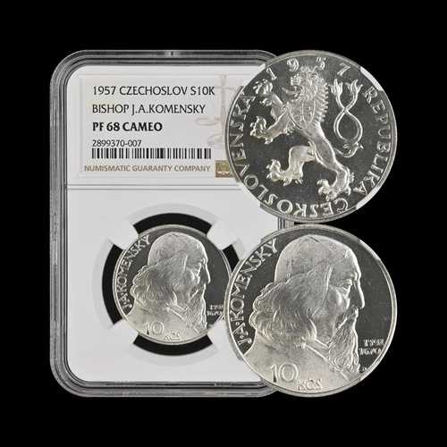 チェコスロバキア。1957年、10コルン、銀貨 - NGC PF68 - トップポップ ?? モラヴィア・コメンスキー｜WORLD RESOURCE【QUEEN店】 111,650円