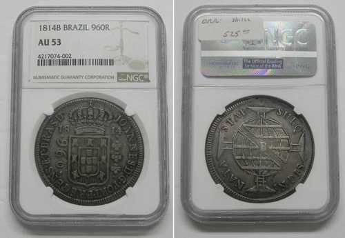 1814年 B ブラジル 960 レイス シルバー クラウン コイン、NGC AU53、KM 307.1 #4002｜WORLD RESOURCE【QUEEN店】