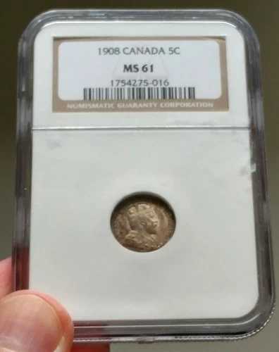 1908年カナダ5セントNGC MS-61ラージ8 - 希少バラエティ - 帳簿価格1000ドル