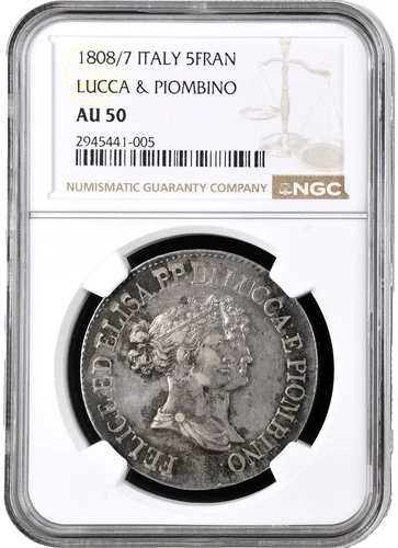 1808/7 イタリア州 LUCCA & PIOMBINO 5 フランキ コイン フェリックス & エリサ NGC AU-50