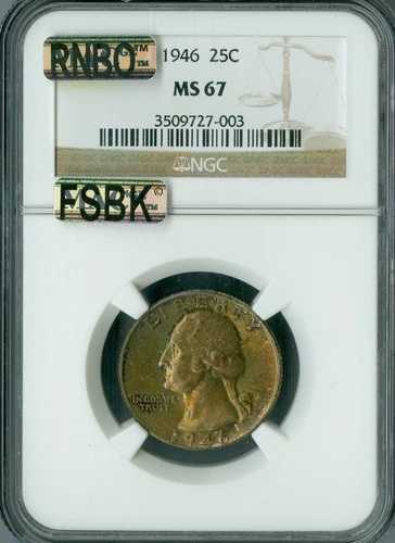 1946年ワシントンクォーター NGC MS67 MAC FSBK & RNBO レインボートーニング。