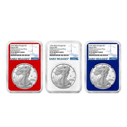 プレセール - 2026-W プルーフ $1 アメリカン シルバー イーグル 3枚セット NGC PF69UC ER ブルー