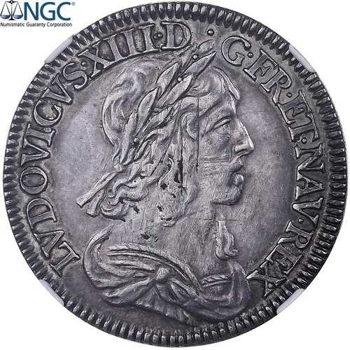 [#905537] フランス、ルイ13世、1/4 Ecu、1643、パリ、シルバー、NGC、AUディテール、ガド-
