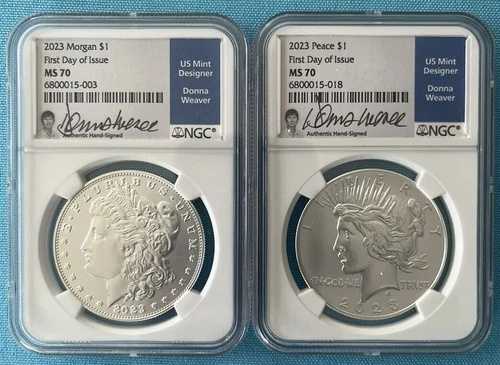 2023年 1ドル モルガン＆ピースドル 2枚セット NGC MS70 FDOI ドナ・ウィーバー TOP POP 10｜WORLD RESOURCE【QUEEN店】