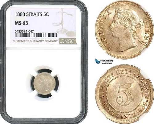 AH487、海峡植民地、ビクトリア州、5セント、1888年、銀貨、NGC MS63