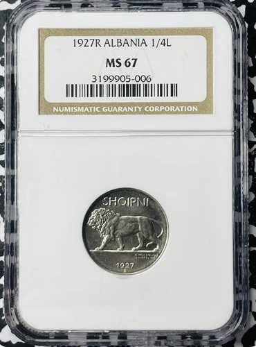 アルバニアコイン 1927-R アルバニア 1/4レク NGC MS67 トップポップ