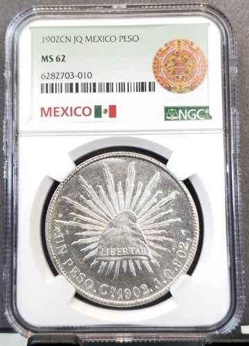 1902 Cn JQ メキシコ シルバー 1ペソ ラージキャップ N レイズ NGC MS 62 希少 低鋳造数