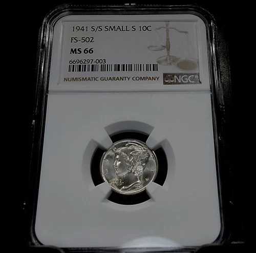 1941年 S マーキュリーダイム 10セント - NGC MS66 - Small S/S FS-502 - 希少な高品位美品