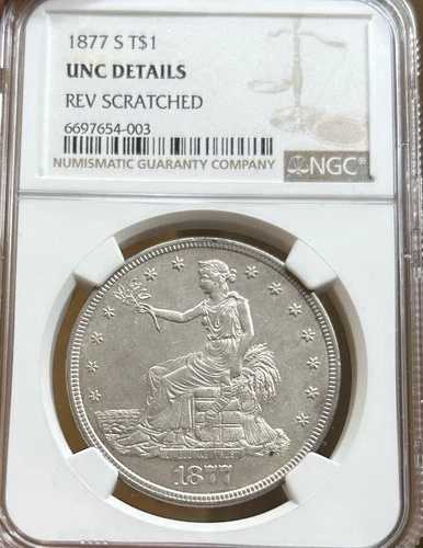 1877-S 銀貿易ドル $1 NGC UNC 詳細クリーニング済み - 素晴らしい光沢