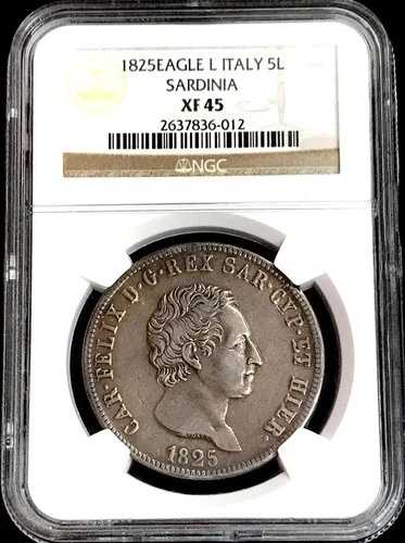 1825年 銀貨 サルデーニャ イタリア 州 5リラ カルロ・フェリーチェ 貨幣 NGC XF 45