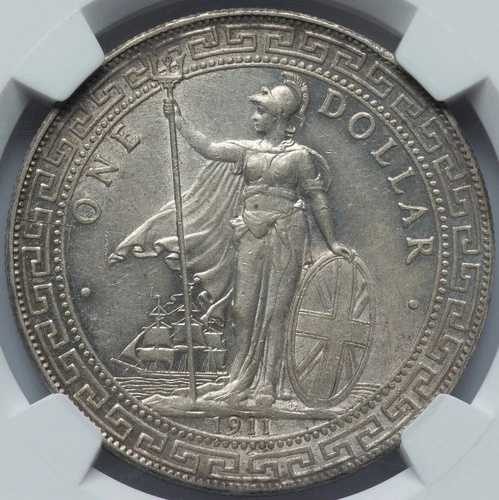 イギリス：ジョージ5世貿易ドル 1911-B NGC MS-61 ボンベイ造幣局発行。光沢仕上げ