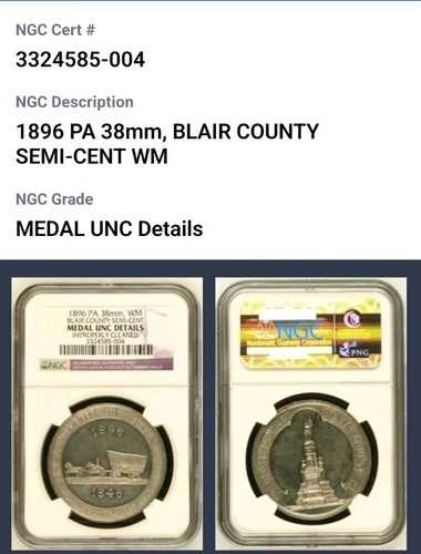 1896年 ペンシルベニア州ブレア郡 セミセンテニアル・ホワイトメダル 38mm R-6 NGC HK-#180 CB1184｜WORLD RESOURCE【QUEEN店】