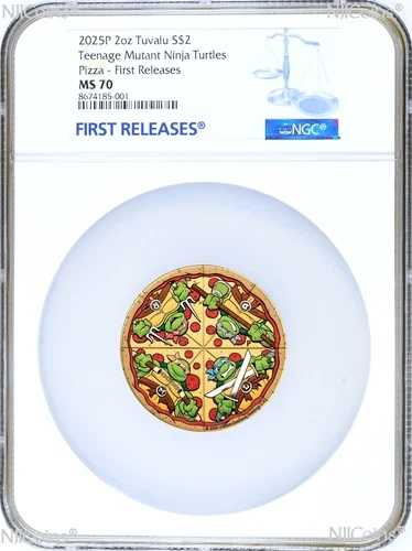 ホット！2025年 ティーンエイジ・ミュータント・ニンジャ・タートルズ ピザ 2オンス カラードシルバー 2ドルコイン NGC MS70