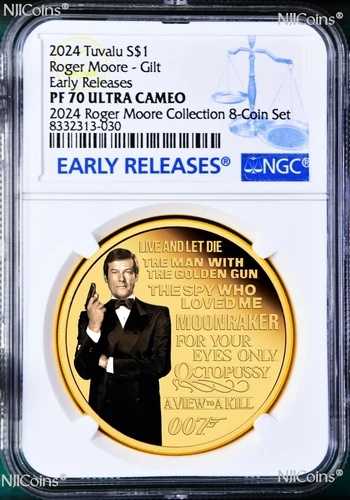 2024 ロジャー・ムーア・コレクション シルバー 1オンス 1ドル金メッキ NGC PF70 ジェームズ・ボンド 007 500枚 MTG