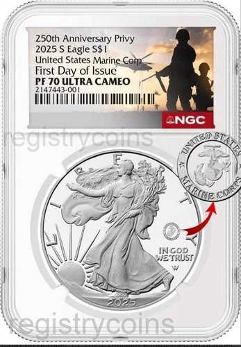 2025年 P シルバーイーグル アメリカ海兵隊 250 個哨戒部隊 NGC PF70 発行初日先行販売