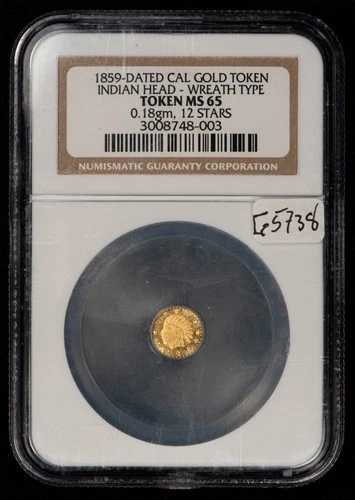 1859年カリフォルニアゴールドトークンインディアンリースラウンド - NGC MS 65 - 0.18グラム - G5738