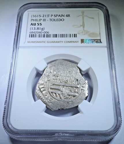 NGC AU-55 1615-21 スペイン 4レアル 1600年代 本物 銀 海賊 宝物 コブコイン