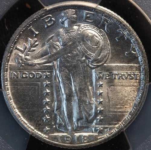 1918 年 P スタンディング リバティ クォーター、PCGS MS63、チョイス BU、輝く白の光沢!