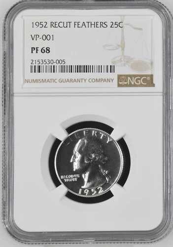 1952年ワシントンクォーターリカットフェザー VP-001 NGC PF68 ブリリアントホワイト POP 8/0