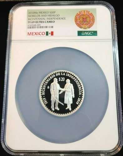 2010年 メキシコ シルバー 20ペソ モレロスとイダルゴ NGC PF 69 ウルトラカメオ 希少