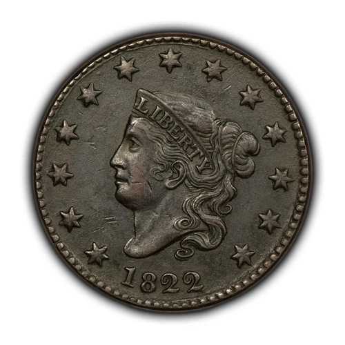 1822年 1セント コロネットヘッド ラージセント - 深い緑青 - NGC AU 詳細 - SKU-Z4746