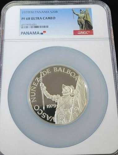 1979年 パナマ シルバー 20 バルボア バスコ ヌネス NGC PF 68 ウルトラカメオ ハイグレードコイン