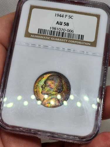 1944年 P 5C ジェファーソンニッケル NGC AU58 驚異的なモンスターレインボートーンの絶妙な色