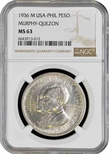 フィリピン 1ペソ 1936 M、NGC MS63、「コモンウェルス、マーフィー＆ケソン」銀貨