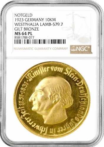 ウェストファリア 10000 マーク 1923、NGC MS64 PL EMERGENCY、「Freiherr vom Stein」ポップ 1/1- 110,000円