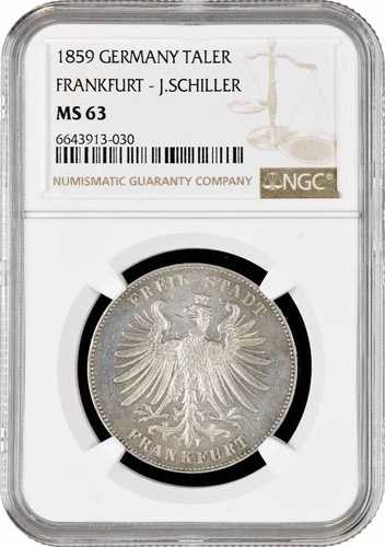 フランクフルト 1ターラー 1859年、NGC MS63、「フリードリヒ・シラー生誕100周年」 110,000円